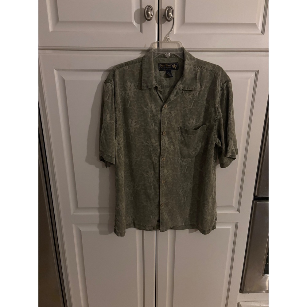 Nat‎ Nast Luxury Originals Mens Silk Palm Tree Jacquard Camp Shirt Olive Green M